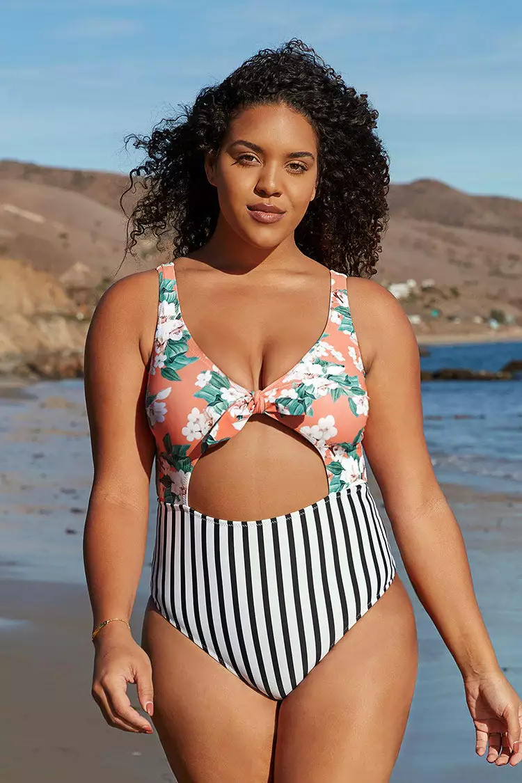 Cupshe Floral and Striped Cutout Knotted Plus Size One Piece Swimsuit 1 Cupshe Floral and Striped Cutout Knotted Plus Size One Piece Swimsuit