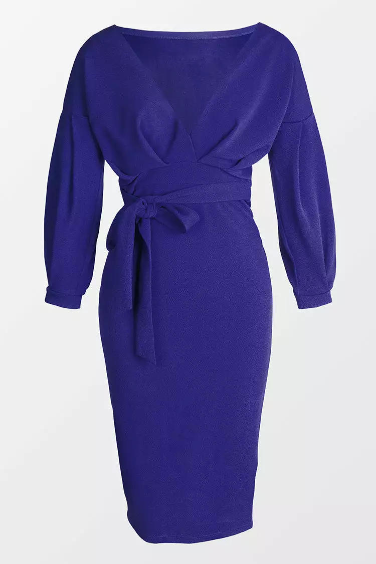 Cupshe Chyna Blue 3/4 Sleeve Tie Waist Tea Length Dress 1 Cupshe Chyna Blue 3/4 Sleeve Tie Waist Tea Length Dress