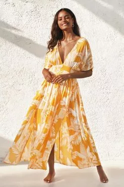 Cupshe Selena Yellow Floral V-neck Midi Dress