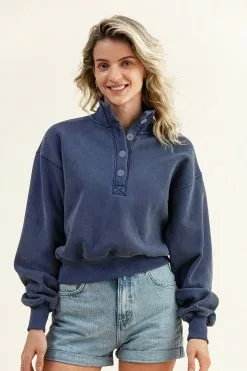 Cupshe Martina Button-Collar Cropped Navy Sweatshirt