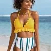 Cupshe Beach Days Ruffle and Striped High Waisted Bikini
