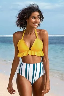 Cupshe Beach Days Ruffle and Striped High Waisted Bikini