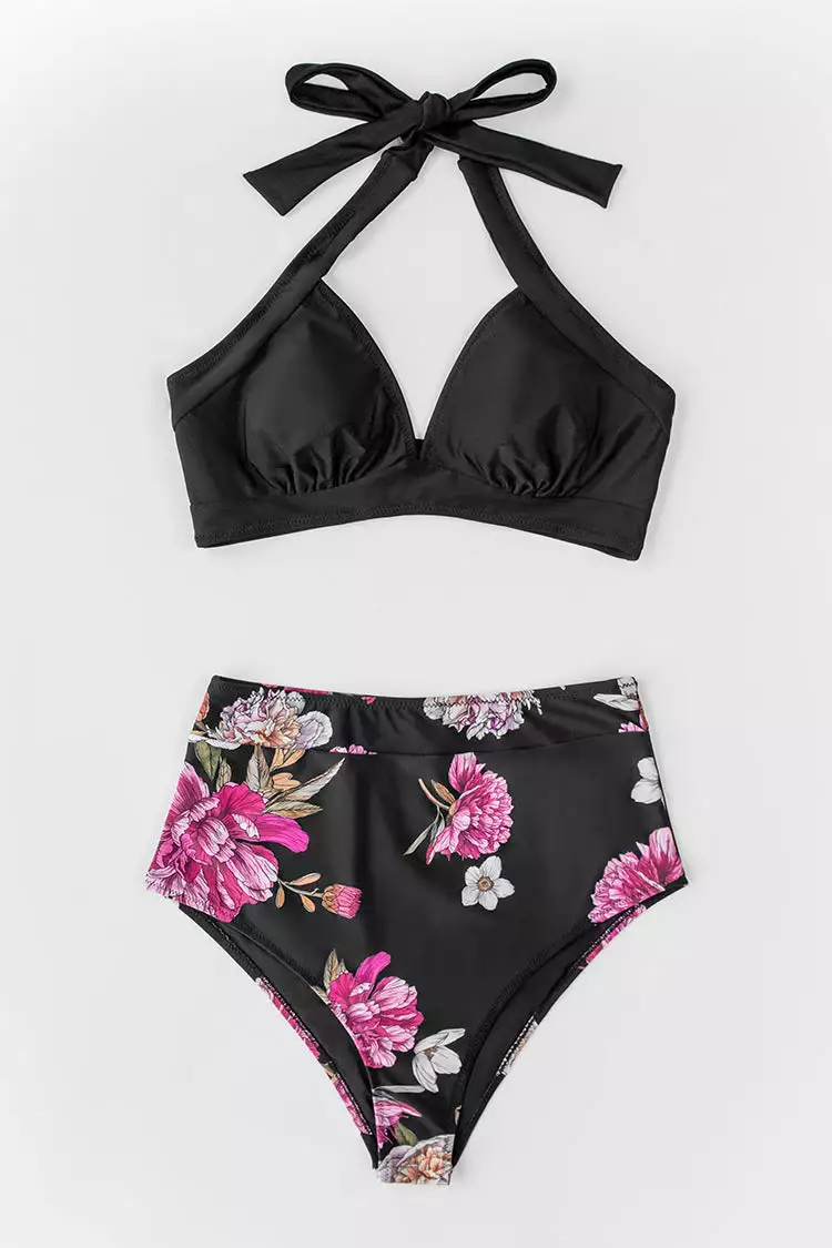 Cupshe Black Floral Halter High Waisted Bikini 6 Cupshe Black Floral Halter High Waisted Bikini - Image 6