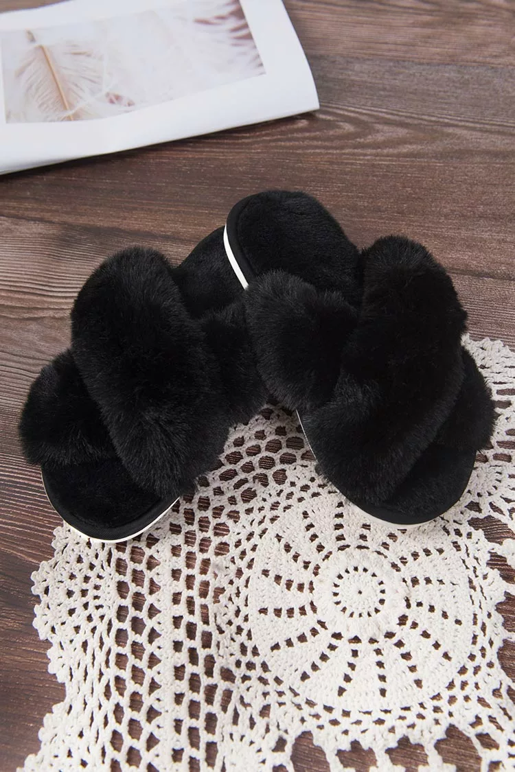 Cupshe Karter Black Cross Strap Fluffy Slippers 1 Cupshe Karter Black Cross Strap Fluffy Slippers