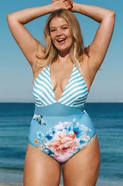 Cupshe Kelly Halter Plunge Neck Plus Size One Piece Swimsuit