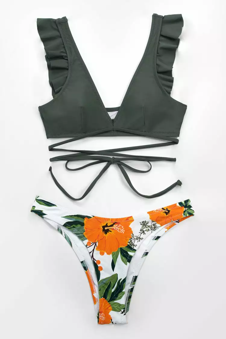 Cupshe Olive and Floral Ruffle Lace Up Bikini 1 Cupshe Olive and Floral Ruffle Lace Up Bikini