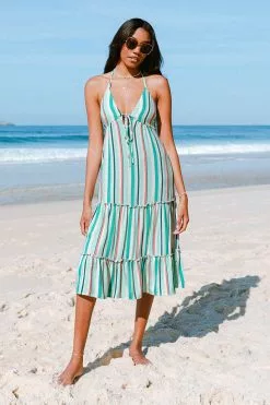 Cupshe Alondra Stripe Frill Halter Neck Elastic Waisted Slip Dress