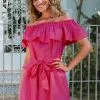 Cupshe Marlene Pink Ruffle Off Shoulder Tie Waist Dress