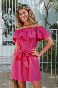 Cupshe Marlene Pink Ruffle Off Shoulder Tie Waist Dress