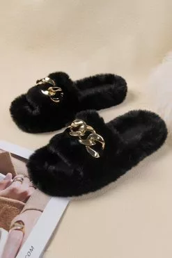 Cupshe Brownstone Black Fluffy Chain Decor Slippers