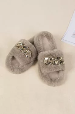 Cupshe Brownstone Khaki Fluffy Chain Decor Slippers