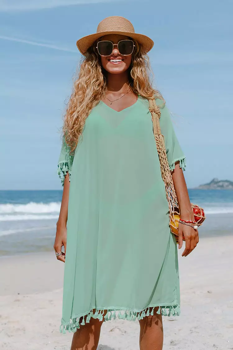 Cupshe Tinsley Light Green V-neck Tassel Split Cover Up 1 Cupshe Tinsley Light Green V-neck Tassel Split Cover Up