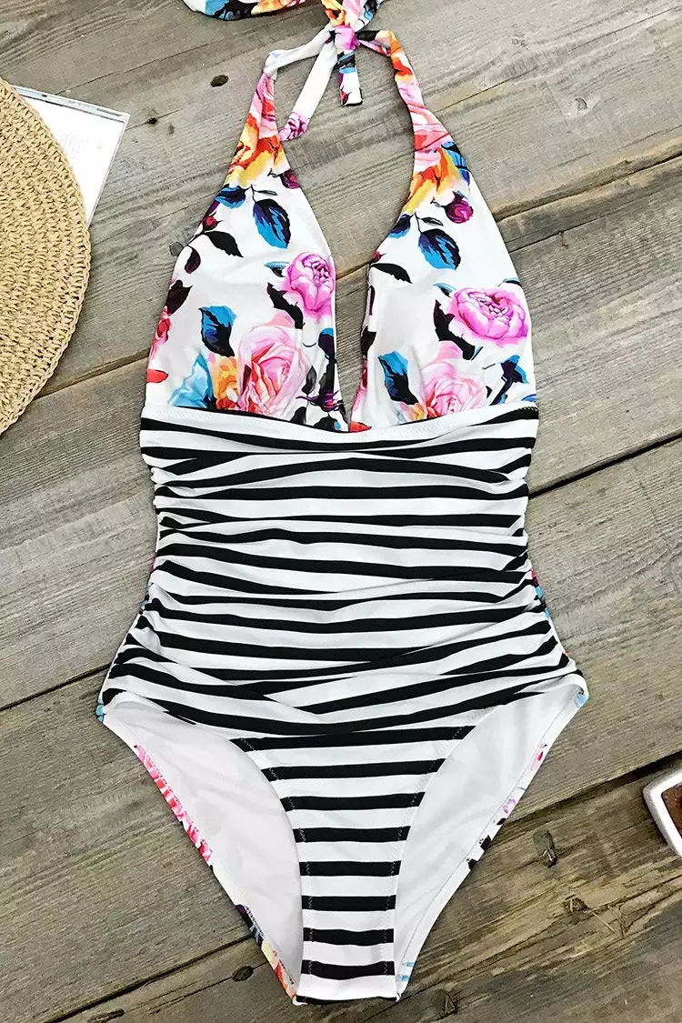 Cupshe Bold Floral and Stripe Halter One Piece Swimsuit 3 Cupshe Bold Floral and Stripe Halter One Piece Swimsuit - Image 3