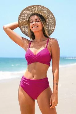 Cupshe Annie Fuchsia Wrap Ruched Back Hook Bikini