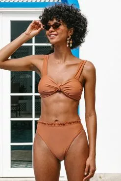 Cupshe Raw Sienna Knot Front High Waist Bikini