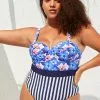Cupshe Blue Floral and Striped Plus Size One Piece Swimsuit