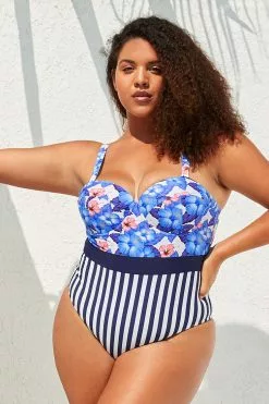 Cupshe Blue Floral and Striped Plus Size One Piece Swimsuit