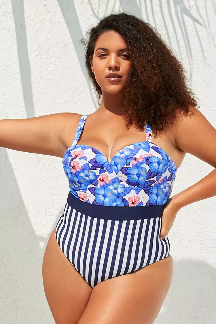 Cupshe Blue Floral and Striped Plus Size One Piece Swimsuit 1 Cupshe Blue Floral and Striped Plus Size One Piece Swimsuit