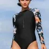 Cupshe Midnight Flowers Zip Front Color Block Long Sleeve One Piece Swimsuit