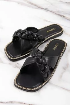 Cupshe Athens Black Braid Crisscross Strap Slide Sandals