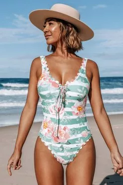 Cupshe Floral and Striped Scalloped One Piece Swimsuit