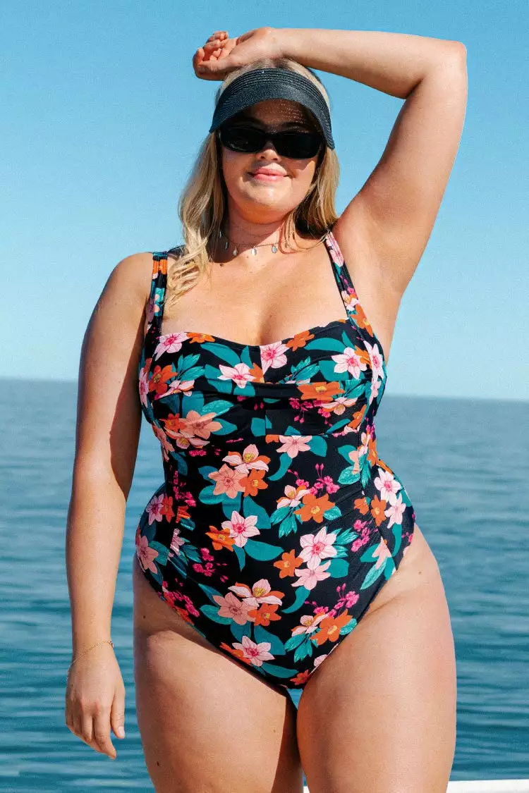 Cupshe Edith Floral Ruched Plus Size One Piece Swimsuit 1 Cupshe Edith Floral Ruched Plus Size One Piece Swimsuit
