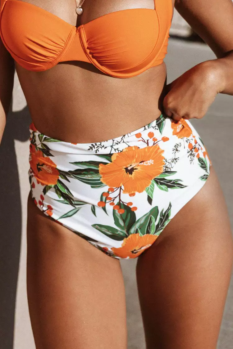 Cupshe Orange Floral Shirring High Waisted Bikini Bottom 1 Cupshe Orange Floral Shirring High Waisted Bikini Bottom