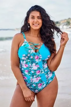 Cupshe Blue Floral Plus Size One Piece Swimsuit