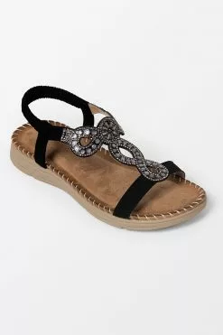 Cupshe Baja Black Open Toe Rhinestone Flat Sandals