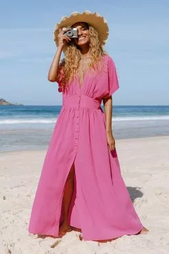 Cupshe Aubriella Front Button V-neck Ruching Maxi Dress