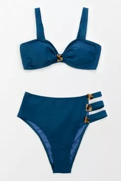 Cupshe Navy Buttoned Strappy Mid Waisted Bikini