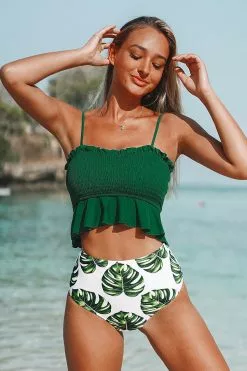 CUPSHE Smocked Green and Monstera High Waisted Bikini