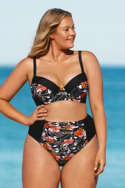 Cupshe Black Floral High Waisted Plus Size Bikini Bottom