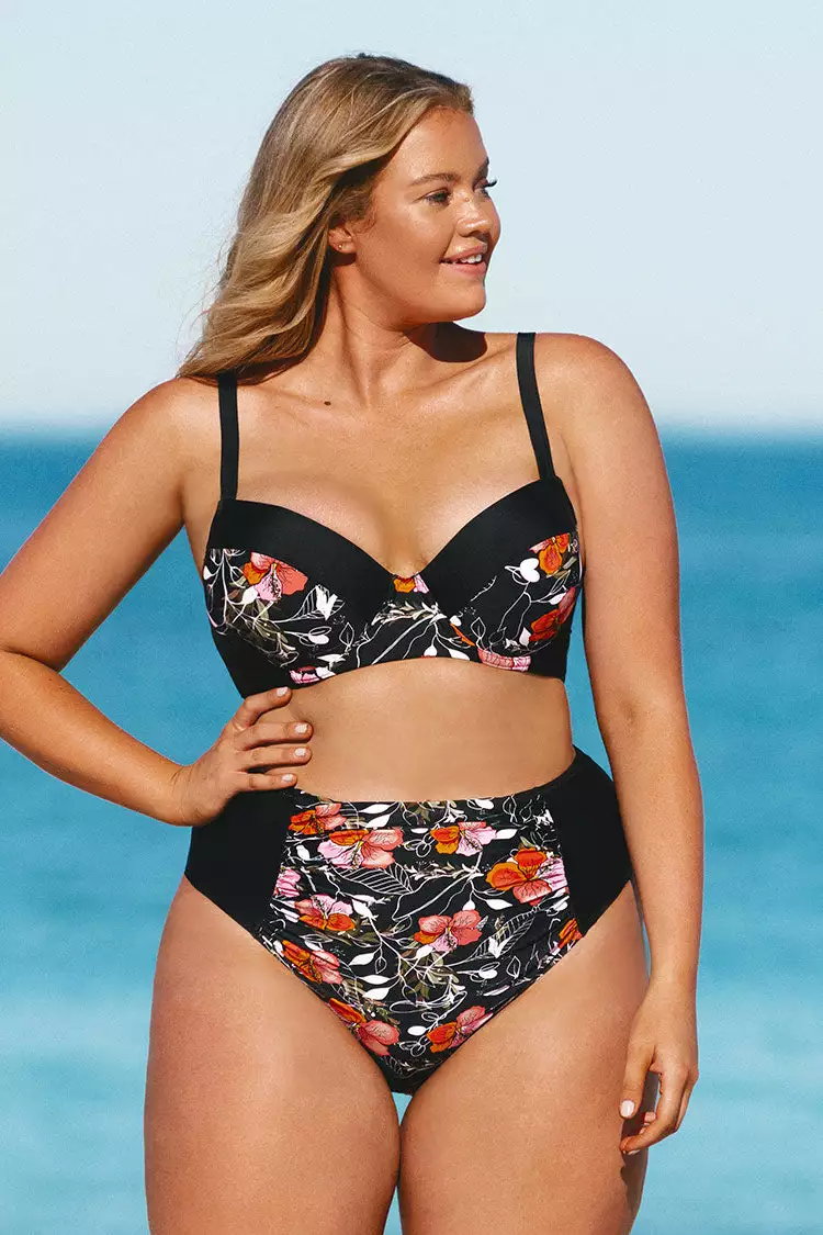 Cupshe Black Floral High Waisted Plus Size Bikini Bottom 1 Cupshe Black Floral High Waisted Plus Size Bikini Bottom