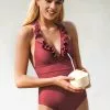Cupshe Halter Ruffle Plunging Neck One Piece Swimsuit
