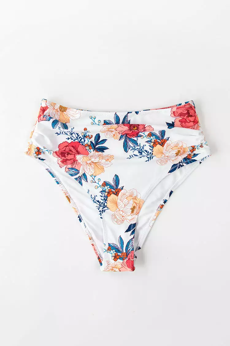 Cupshe White Floral Shirring High Waisted Bikini Bottom 3 Cupshe White Floral Shirring High Waisted Bikini Bottom - Image 3
