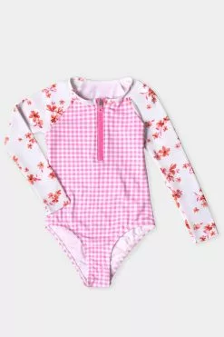 Cupshe Girls' Ditsy Mix Zip Long Sleeve Swimsuit