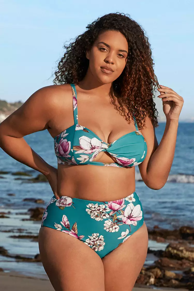 Cupshe Blue Floral Cutout High Waisted Plus Size Bikini 1 Cupshe Blue Floral Cutout High Waisted Plus Size Bikini