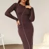 Cupshe Aimee Brown Long Sleeve Tea Length Dress