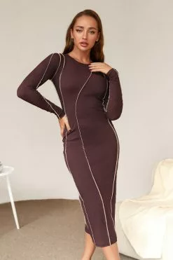 Cupshe Aimee Brown Long Sleeve Tea Length Dress