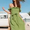 Cupshe Alejandra Green Off Shoulder Ruffle Tea Length Dress