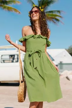 Cupshe Alejandra Green Off Shoulder Ruffle Tea Length Dress