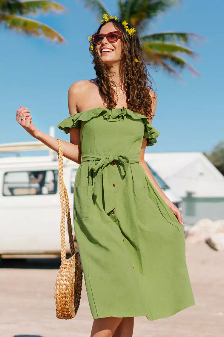 Cupshe Alejandra Green Off Shoulder Ruffle Tea Length Dress 1 Cupshe Alejandra Green Off Shoulder Ruffle Tea Length Dress