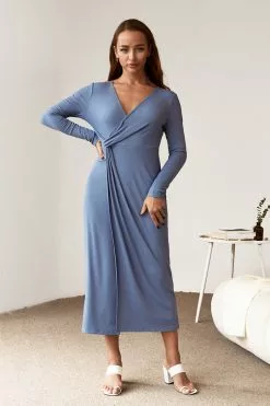 Cupshe Ebony Blue Twist Ruched Long Sleeve Dress