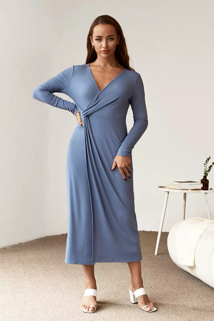 Cupshe Ebony Blue Twist Ruched Long Sleeve Dress 1 Cupshe Ebony Blue Twist Ruched Long Sleeve Dress