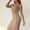 Cupshe Aimee Beige Long Sleeve Tea Length Dress