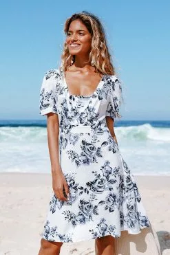 Cupshe Lindsey Black And White Rose Print Short Sleeve Dress