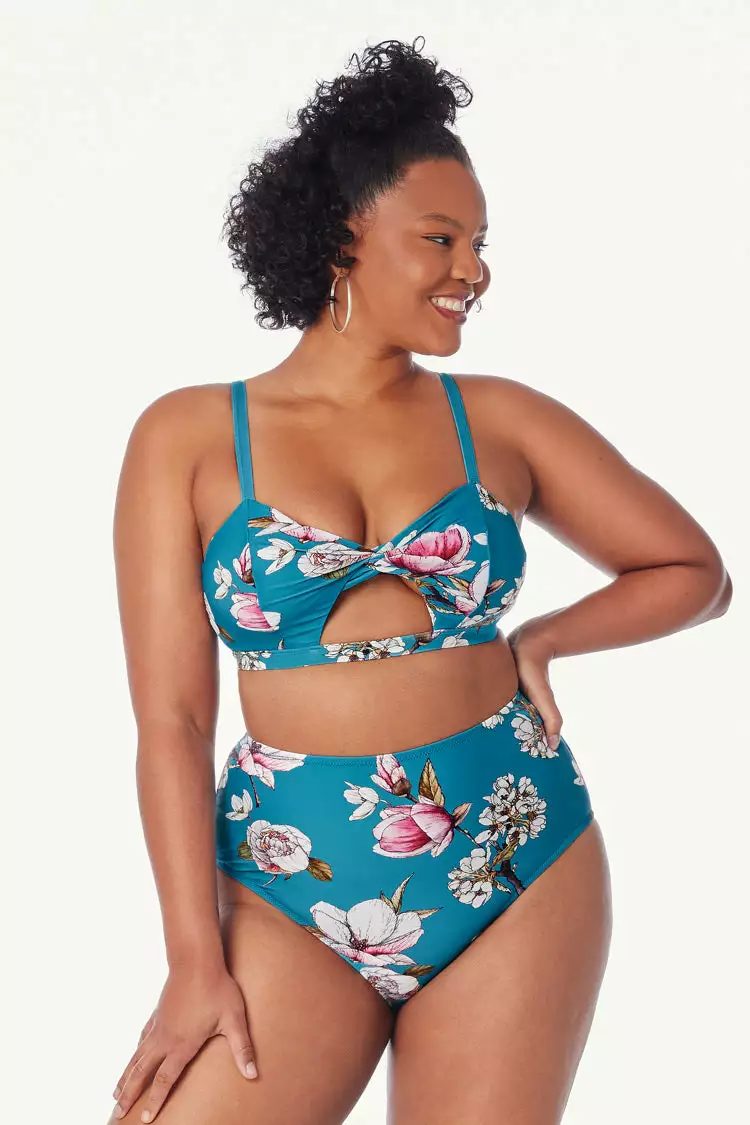 Cupshe Blue Floral Cutout High Waisted Plus Size Bikini 3 Cupshe Blue Floral Cutout High Waisted Plus Size Bikini - Image 3