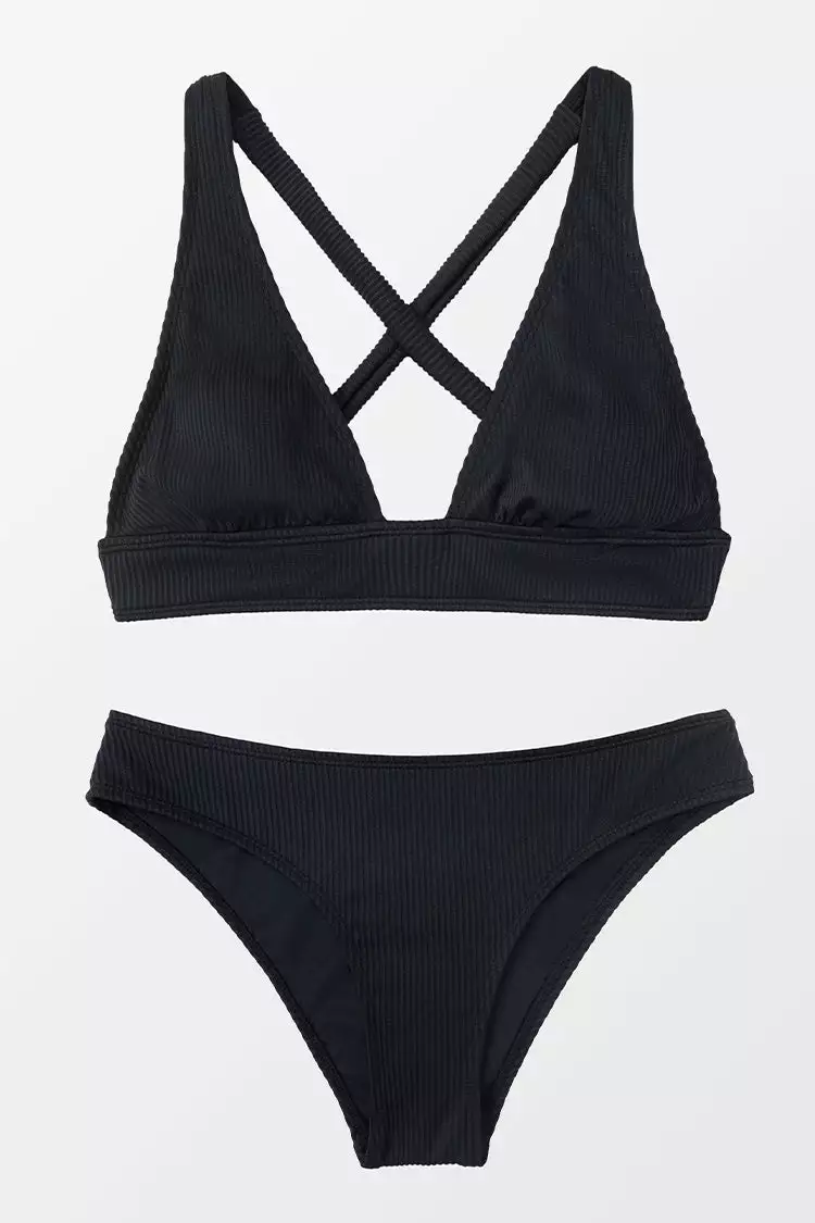 Cupshe Madeleine Black Rib Crisscross Back Bikini 1 Cupshe Madeleine Black Rib Crisscross Back Bikini