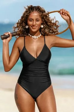 Cupshe Joyce Black Ruched One Piece Swimsuit